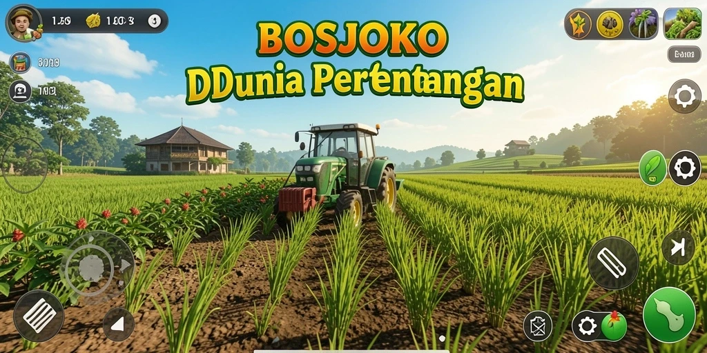 Tampilan permainan BOSJOKO dengan ladang yang subur dan aktif.