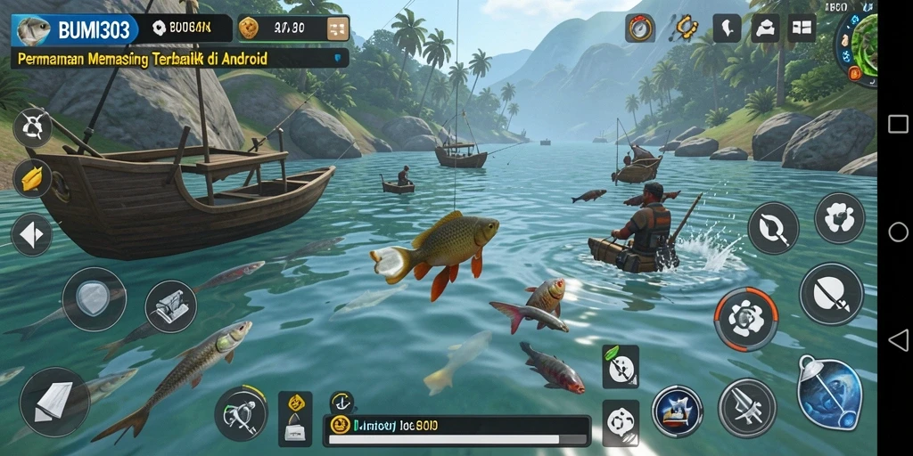 Tampilan gameplay BUMI303 dengan berbagai elemen memancing yang menarik.