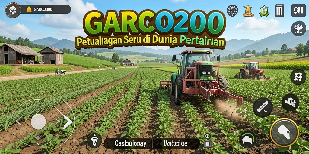 Screenshot utama GARCO200 menampilkan pemain sedang bertani dengan latar belakang ladang yang indah.