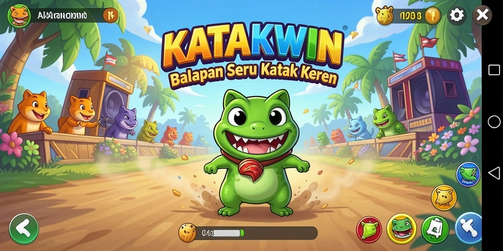 Screenshot KATAKWIN menampilkan balapan katak yang penuh aksi dan warna-warni.