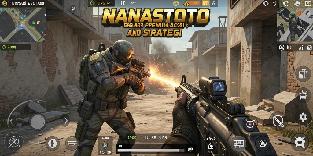 Screenshot gameplay NANASTOTO menampilkan aksi tembak-menembak yang mendebarkan.