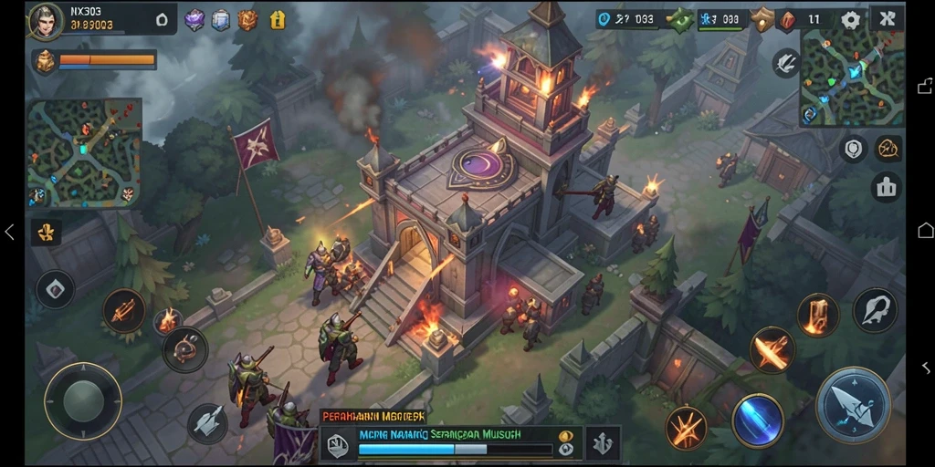 Tangkapan layar utama NX303 menampilkan aksi gameplay Tower Defense yang seru.