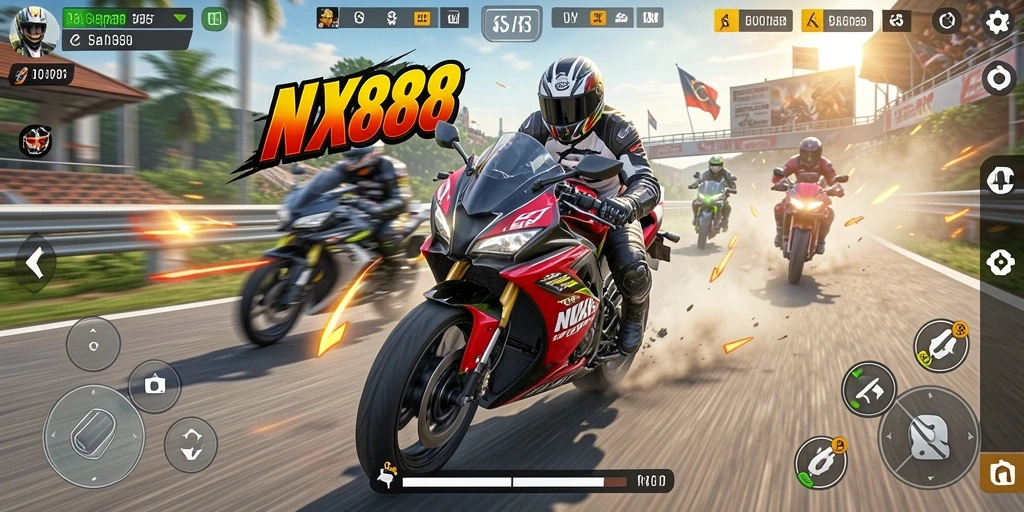 Gameplay mendebarkan dari NX888 saat balapan di berbagai trek motor.